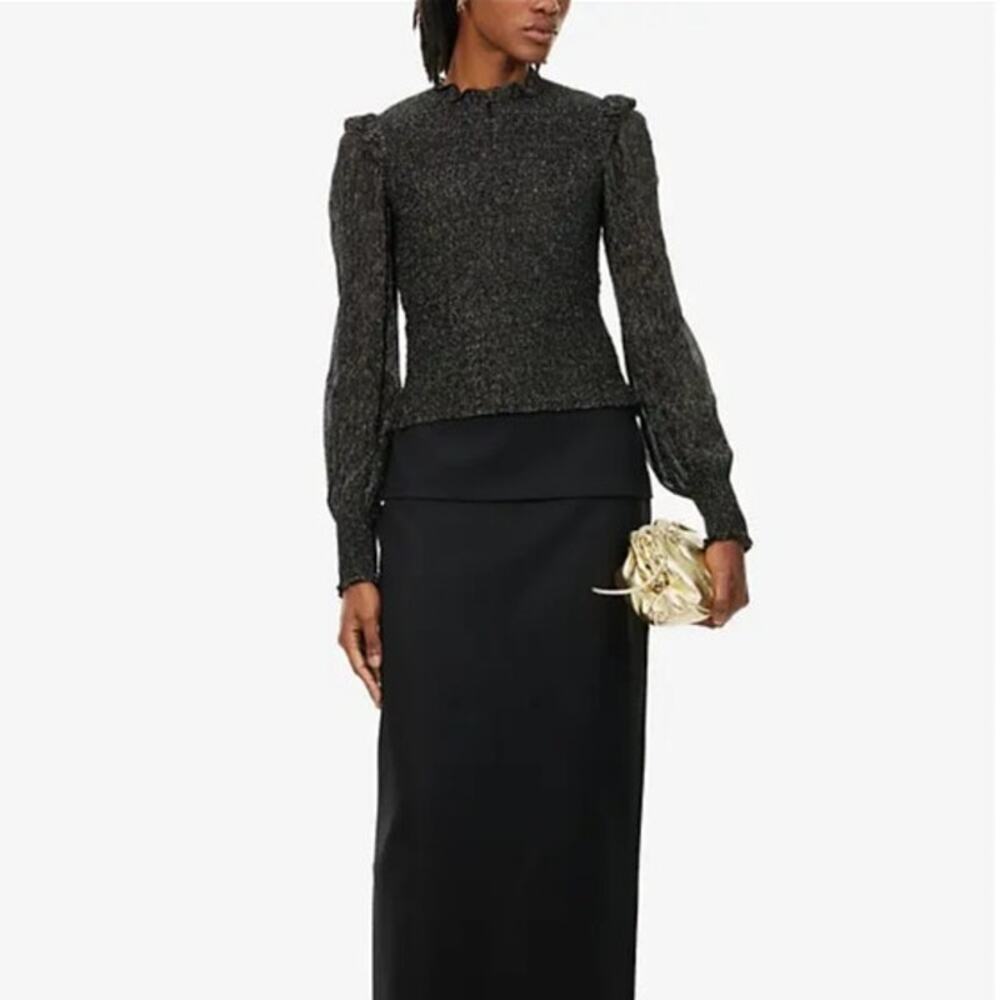 Crinkled smocked metallic weave woven top